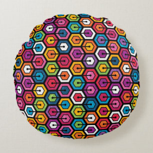 Colourful geometric pattern with hexagons round pillow