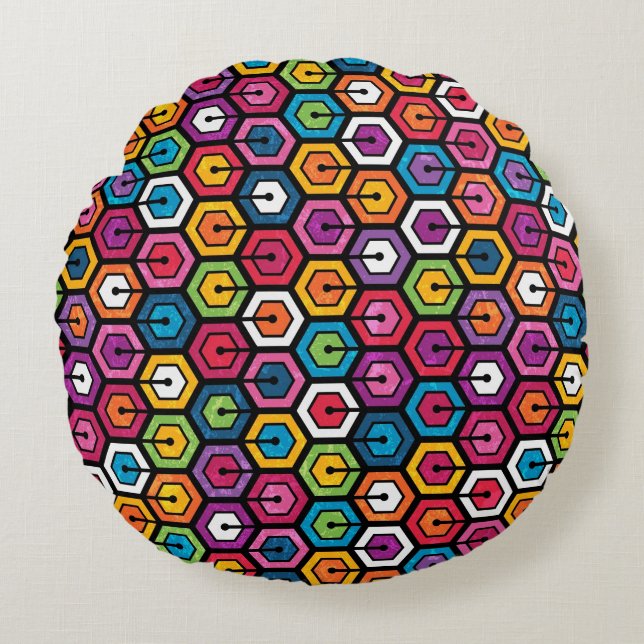 Colourful geometric pattern with hexagons round pillow (Front)