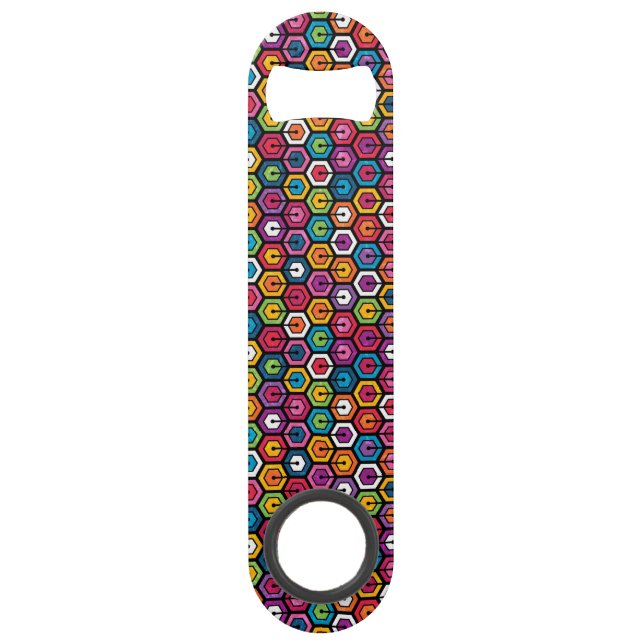 Colourful geometric pattern with hexagons speed bottle opener (Front)