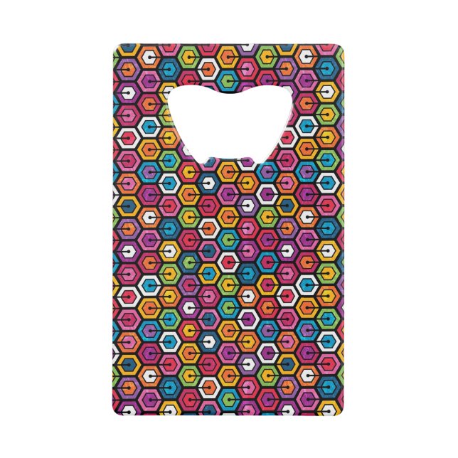 Colourful geometric pattern with hexagons wallet bottle opener (Front)
