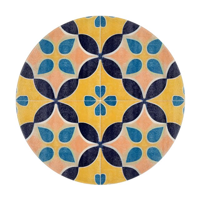Colourful Geometric Pattern with Retro Tile Design Cutting Board (Front)