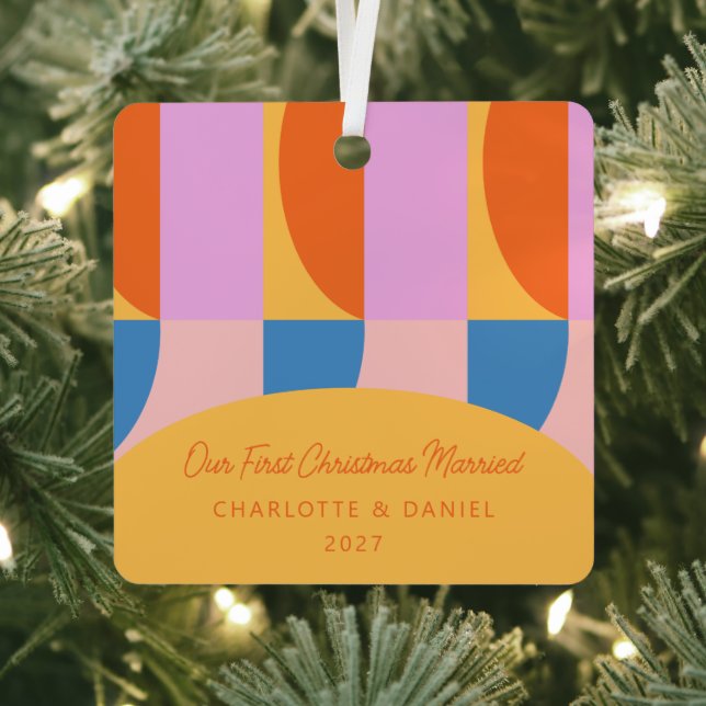 Colourful Geometric Personalized Photo Married Metal Ornament (Insitu)