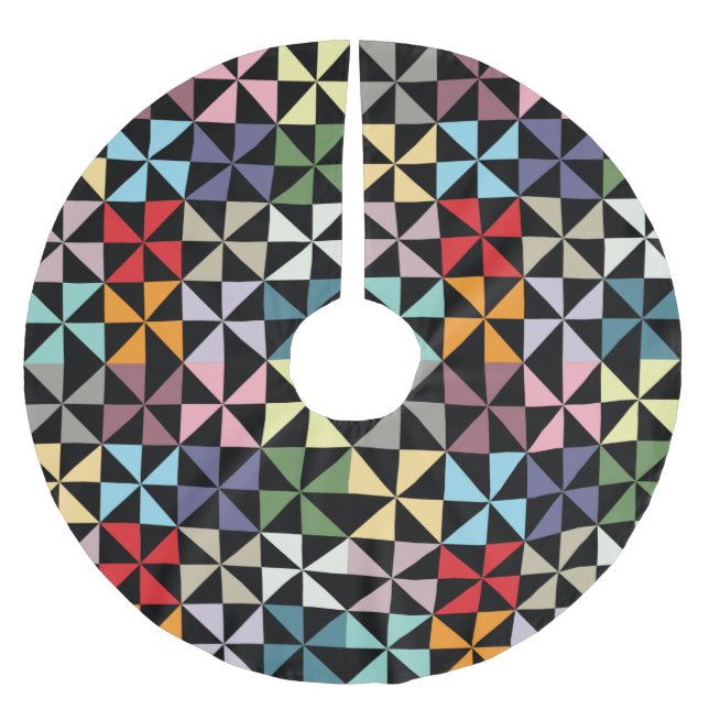 Colourful Geometric Pinwheel Black Brushed Polyester Tree Skirt (Front)