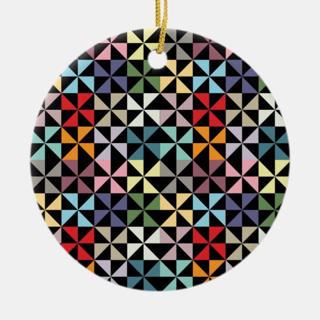 Colourful Geometric Pinwheel Black Ceramic Ornament (Front)