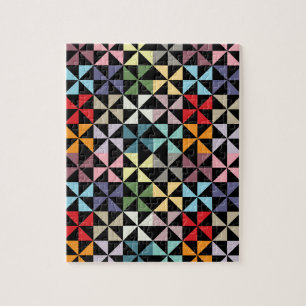 Colourful Geometric Pinwheel Black Jigsaw Puzzle