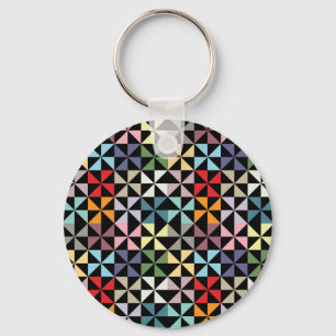Colourful Geometric Pinwheel Black Keychain
