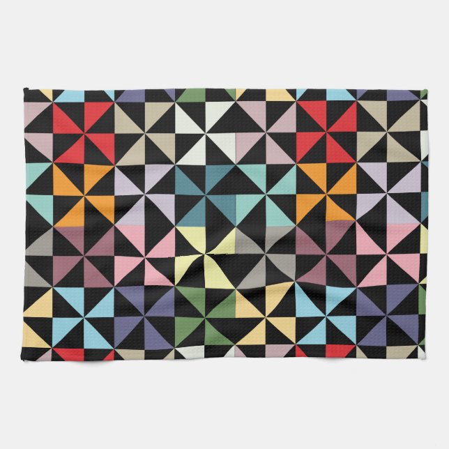 Colourful Geometric Pinwheel Black Kitchen Towel (Horizontal)