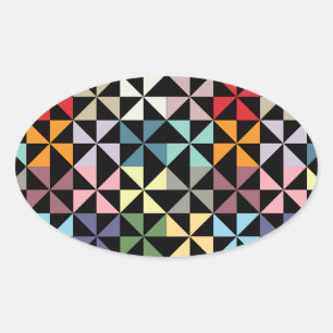 Colourful Geometric Pinwheel Black Oval Sticker