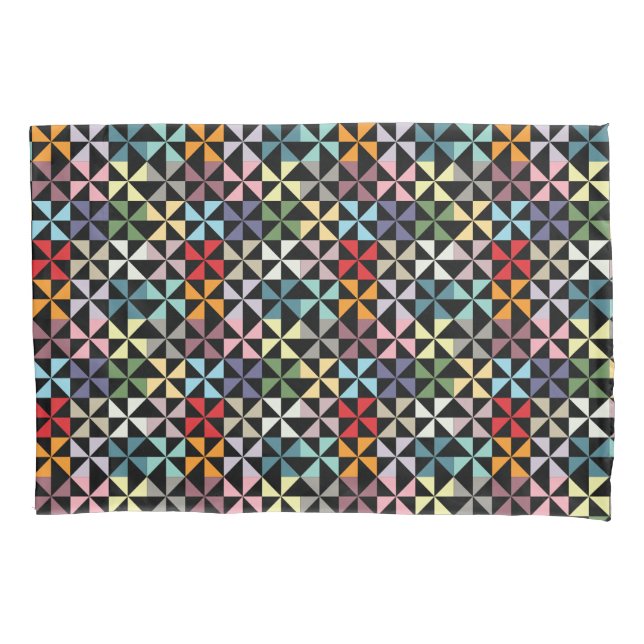 Colourful Geometric Pinwheel Black Pillowcase (Front)