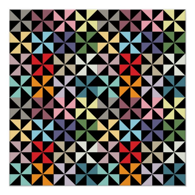 Colourful Geometric Pinwheel Black Poster (Front)