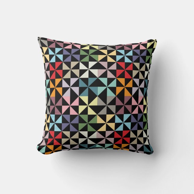 Colourful Geometric Pinwheel Black Throw Pillow (Front)