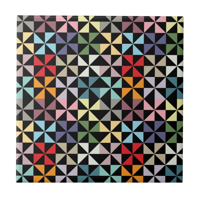 Colourful Geometric Pinwheel Black Tile (Front)