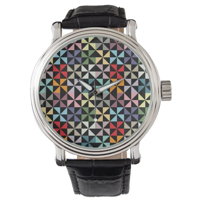 Colourful Geometric Pinwheel Black Watch (Front)