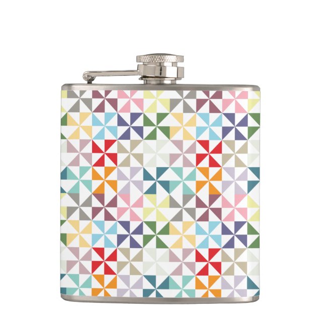 Colourful Geometric Pinwheel Hip Flask (Front)