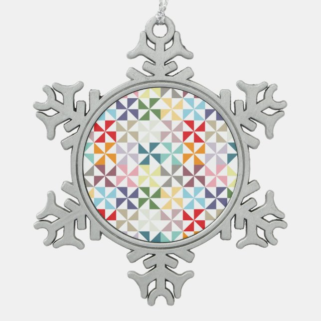 Colourful Geometric Pinwheel Snowflake Pewter Christmas Ornament (Front)