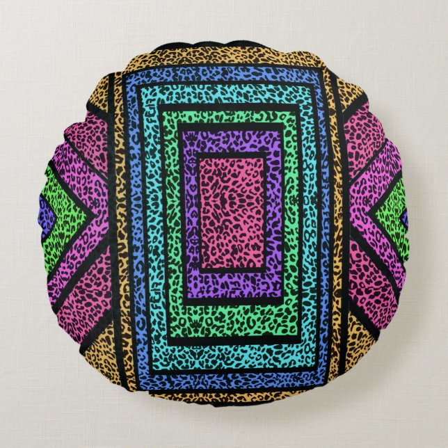 Colourful Geometric Rainbow Leopard Animal Print Round Pillow (Front)