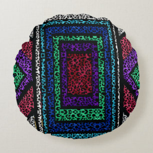 Colourful Geometric Rainbow Snow Leopard Print Round Pillow
