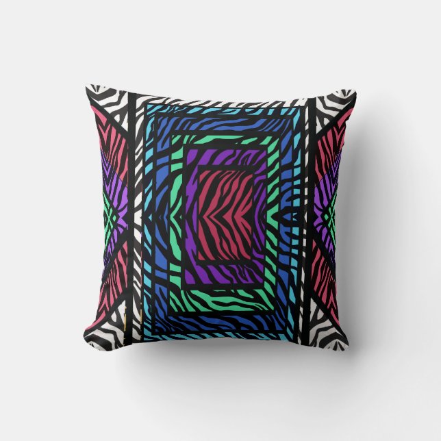 Colourful Geometric Rainbow Zebra Animal Print Throw Pillow (Front)