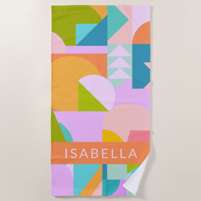 Colourful Geometric Shapes Collage Personalized Beach Towel (Front)