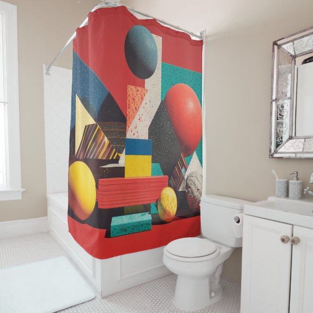 Colourful Geometric Shapes on Red Background (In Situ)