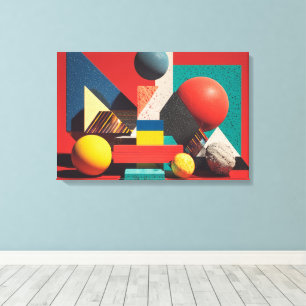 Colourful Geometric Shapes on Red Background Canvas Print
