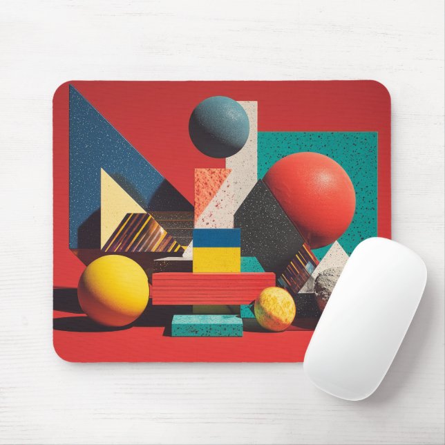 Colourful Geometric Shapes on Red Background Mouse Pad (With Mouse)