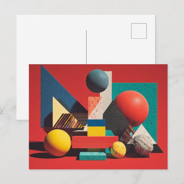 Colourful Geometric Shapes on Red Background Postcard (Front/Back)