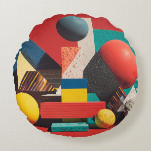 Colourful Geometric Shapes on Red Background Round Pillow