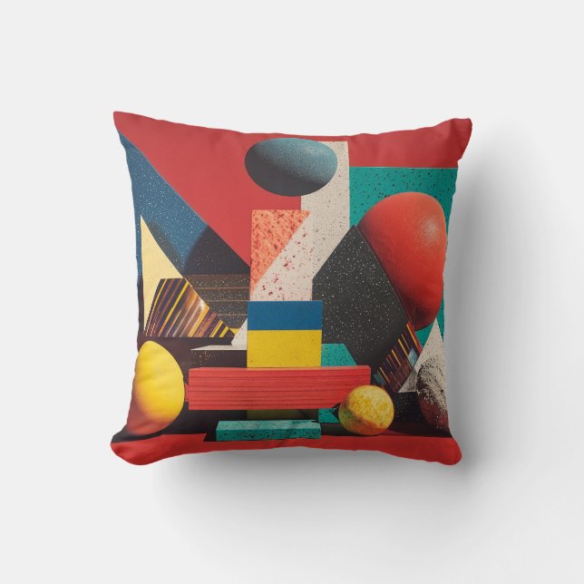 Colourful Geometric Shapes on Red Background Throw Pillow (Front)