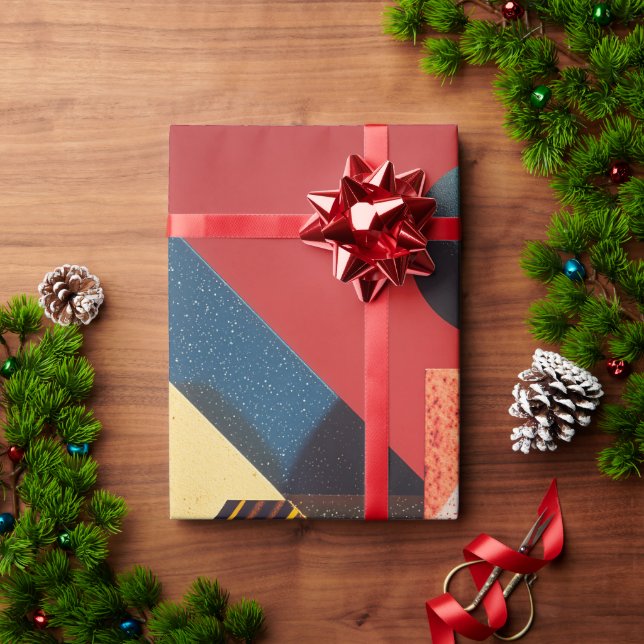 Colourful Geometric Shapes on Red Background Wrapping Paper (Holiday Gift)