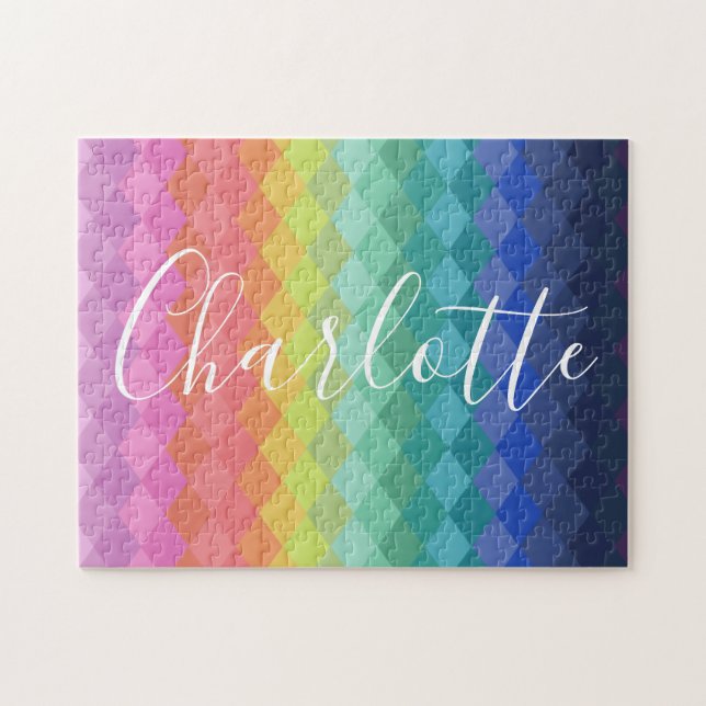 Colourful Geometric Shapes Rainbow Personalized  Jigsaw Puzzle (Horizontal)