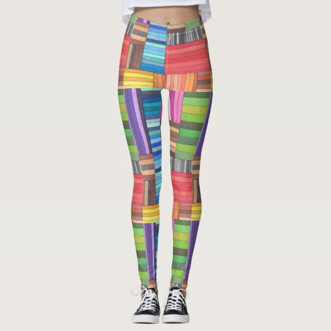 Colourful Geometric Striped Pattern in Rainbow  Leggings (Front)