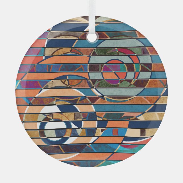 Colourful Geometric Stripes, Abstract Glass Ornament (Front)