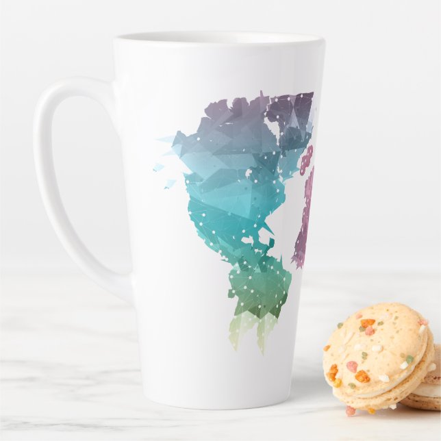 Colourful Geometric World Map Latte Mug – Trendy  (In Situ)