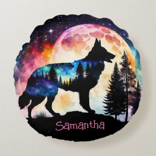 Colourful German Shepherd Silhouette *Personalize* Round Pillow