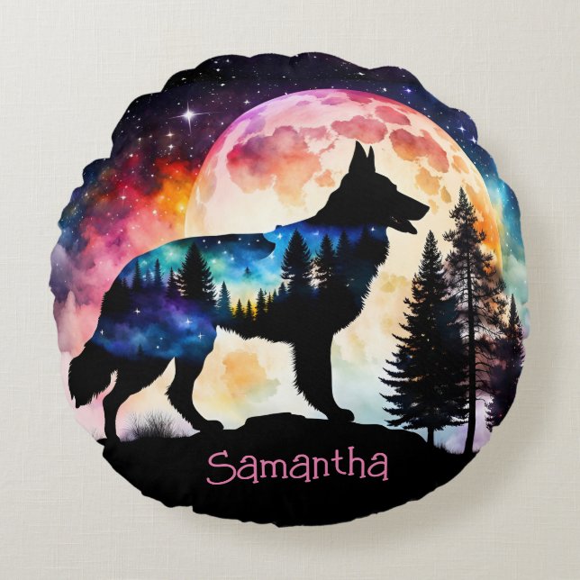 Colourful German Shepherd Silhouette *Personalize* Round Pillow (Front)