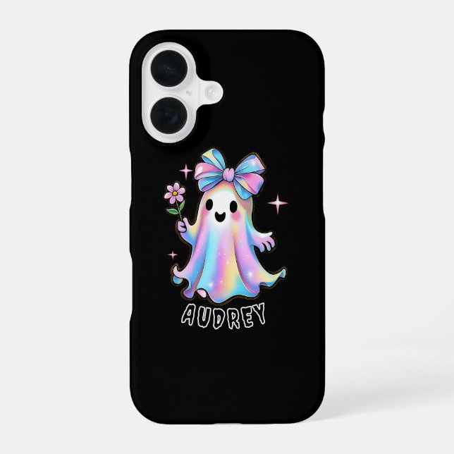 Colourful Ghost Design with Bow and Flower iPhone 16 Case (Back)