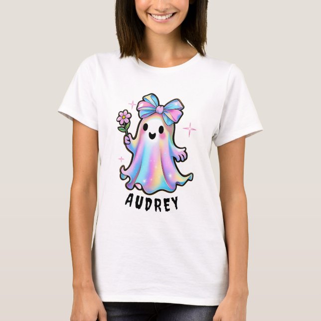 Colourful Ghost Design with Bow and Flower T-Shirt (Front)