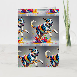 Colourful giant happy playful funny dog, foil greeting card