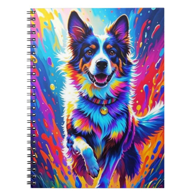 Colourful giant happy playful funny dog, splash notebook (Front)