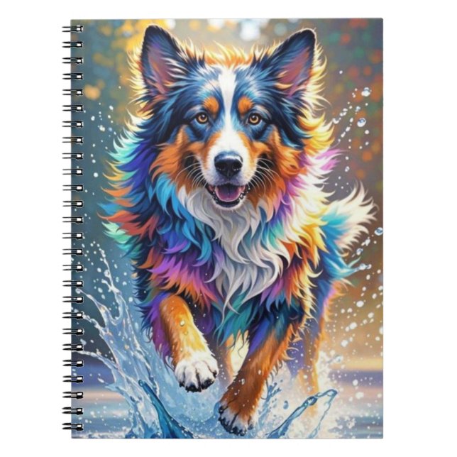 Colourful giant happy playful funny dog, splash notebook (Front)