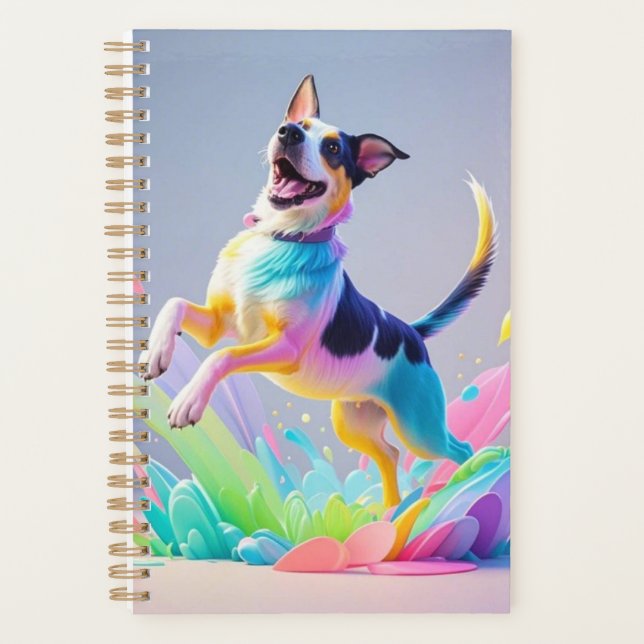 Colourful giant happy playful funny dog, splash planner (Front)