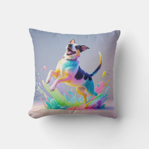 Colourful giant happy playful funny dog, splash throw pillow