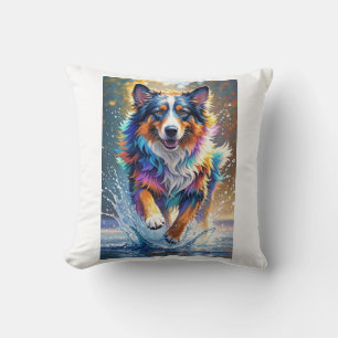 Colourful giant happy playful funny dog, splash throw pillow