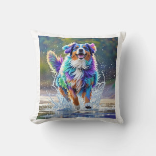 Colourful giant happy playful funny dog, splash throw pillow