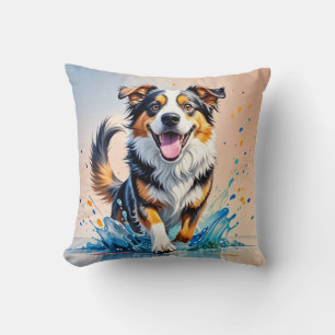 Colourful giant happy playful funny dog, splash throw pillow