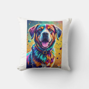 Colourful giant happy playful funny dog, splash throw pillow