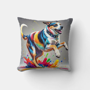 Colourful giant happy playful funny dog,  throw pillow