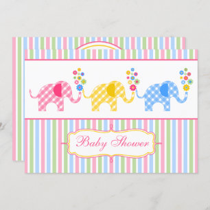 Colourful Gingham Elephants Baby Shower Invitation