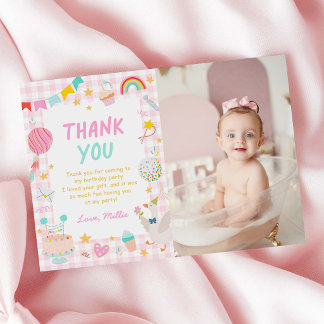 Colourful Gingham Girl 1st Birthday Photo Thank You Card